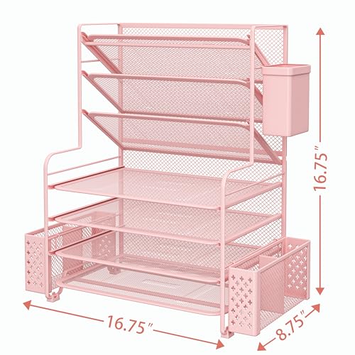 Simple Trending 7 Tier Desk File Organizer, Letter Tray Paper Organizer with Pen Holder and Metal Hanging Basket, Pink - color: 7 Tier Pink
