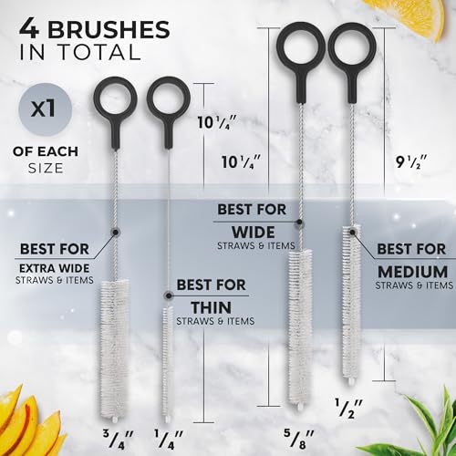 Buenalife Heavy Duty Cleaning Brushes Set of 4 - Extra Long Straw Cleaners for Metal and Plastic Reusable Drinking Straws, to Clean Small Spaces, Sippy Cups, Water Bottles - Sturdy Hard Brush Bristles - color: Black