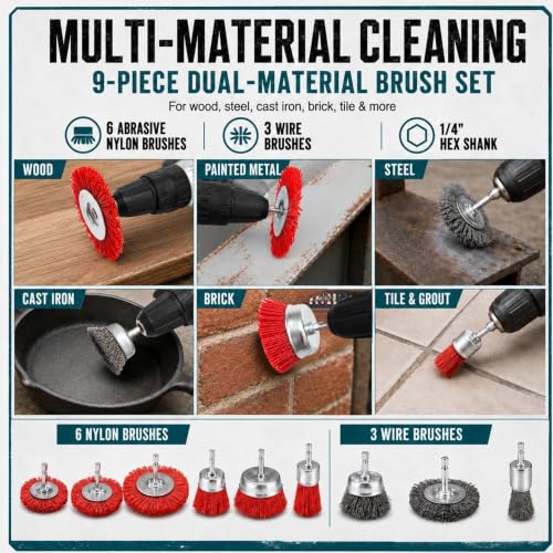 9-Piece Drill Brush Set, 6 Abrasive Nylon Brushes & 3 Wire Brushes for Drill, Wheel Cup and End Brushes with 1/4 Inch Hex Shank for Rust Removal, Paint Stripping and Surface Preparation
