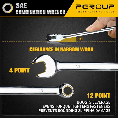 1/2" SAE Combination Wrench, CR-V Steel with Mirror Polish, 12-Point Design, 15-Degree Offset, Perfect for Auto Repair, Household, Car & Truck Emergency - size: 1/2"