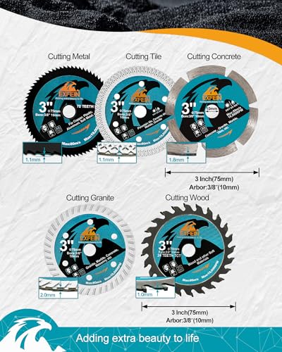 3 Inch Compact Circular Saw Blade Set, Multi-Material Cut for Wood, Plastic, Metal, Concrete, Granite, Tile Cutting, 10mm Arbor - 5 Pack - size: Set 1