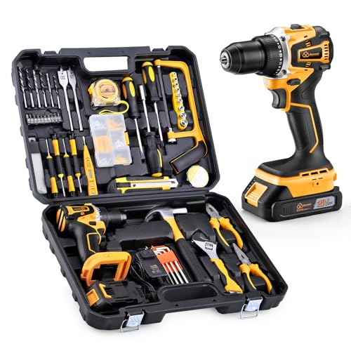 Brushless Motor Tool Kit Set: Yellow 21V Cordless Drill, Power Drill Tool Box,3/8" Keyless Chuck, 2 Variable Speeds, with Battery and Charger Included