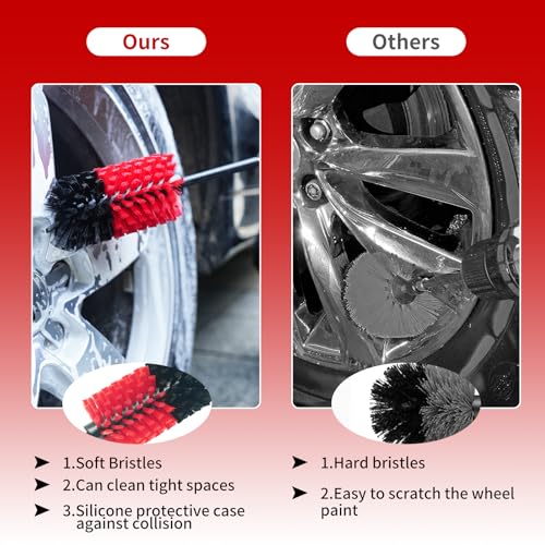 Wheel Brush, Soft Drill Wheel Cleaner Brush, Drill Brush for Car Wheel, No Scratches Highly Dense and Durable Car Wheel Brush Rim Tire Car Cleaning Brush for Wheels, Rims, Engines, Exhaust - color: Black+red