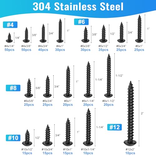 460PCS Black Stainless Steel Wood Screws Assortment Kit, 18 Sizes #4#6#8#10#12 Pan Head Sheet Metal Screws Self Tapping Screws Set for Wood Deck Drywall Concrete Screws, Length 1/4" to 2" - style: Black Pan Head 460PCS