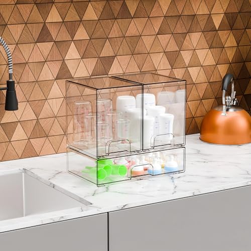 Yieach 3 Set Clear Baby Bottle Organizer for Countertop,BPA FREE Bottle Station Organizer for Breast Pump Parts,Pacifier and Baby Accessories,Stackable Drawers for Bathroom,Cabinet,Pantry Organization - style: 3 PACK