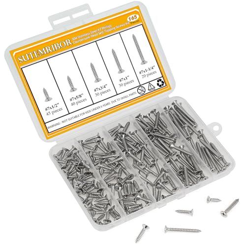 165 Pieces #7 x 1/2" 5/8" 3/4" 1" 1-1/4" Wood Screws Set, Phillips Countersunk Head #7 Self-Tapping Screws Assortment Kit, 304 Stainless Steel - size: #7, style: Phillips Countersunk Head