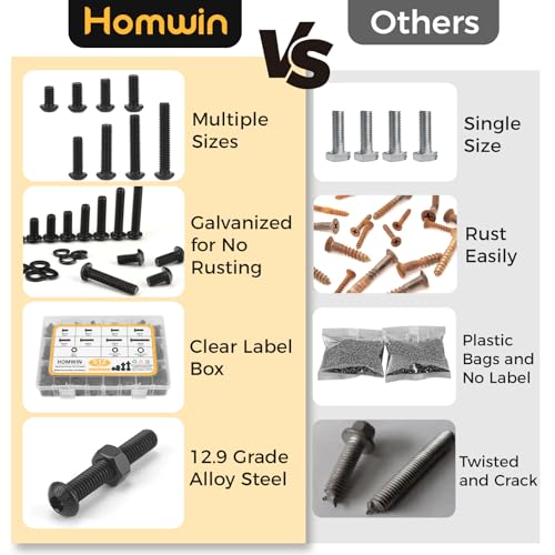 Homwin 512Pcs M6 Bolts and Nuts Kit, M6x10/12/14/16/20/25/30/35mm Button Head Hex Socket Cap Screws 12.9 Grade Alloy Steel Bolt Nut Washer Assortment Black Galvanized - color: Black-M6 Bolt