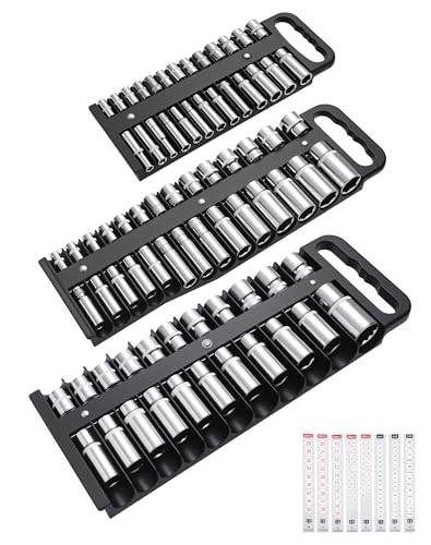 Reniteco 3-Piece Magnetic Socket Organizer Tray, for 1/2'', 3/8 '', 1/4'' Drive Metric/SAE Hold up to 76 Sockets, Heavy-Duty Socket Holder with Handle & Magnetic Base, Sockets Not Included - color: Black