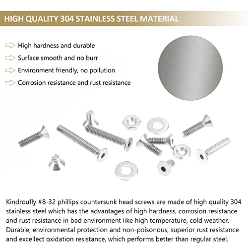212 Pieces #8-32 x 1/4", 5/16", 3/8", 1/2", 5/8", 3/4", 1", 1-1/4", Countersunk Head Socket Cap Screws Nuts Washers Assortment Kit, 304 Stainless Steel, Fully Machine Thread - size: #8-32, style: Countersunk Head