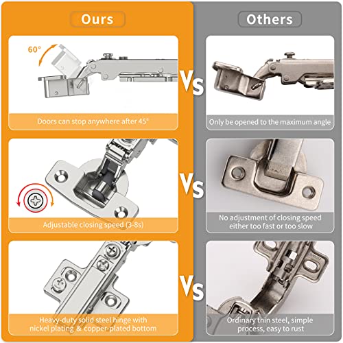Chibery 10 Pack Frameless Full Overlay Soft Close Concealed European Hinges, Self Closing Satin Nickel, 105 ° Open Angle 4D Adjustment, Speed Control, Clip On, Stainless Steel for Cabinet Door - size: Full Overlay