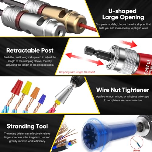 Mriykio Wire Stripper Tool & Wire Twister Tool for Drill, 6-14 AWG, 8-in-1 Electrician Tools Kit, Fits 1/4" Hex Drills, Wire Stripper for Drill with Storage Case, for Electricians & DIY Users