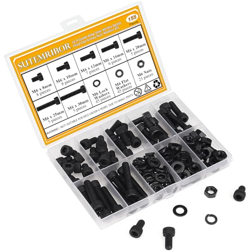 155 Pieces M6 Screws Nuts Washers Set Black, Sutemribor M6 x 8/10/12/16/20/25/30mm Hex Socket Head Cap Screws Nuts Washers Assortment Kit, 12.9 Grade Alloy Steel, Fully Threaded - size: M6 Screws Kit, style: Socket Head
