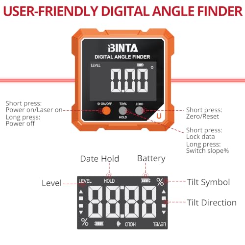 BINTA Digital Angle Finder with Laser, 4-side Magnetic Angle Gauge Orange - color: Orange