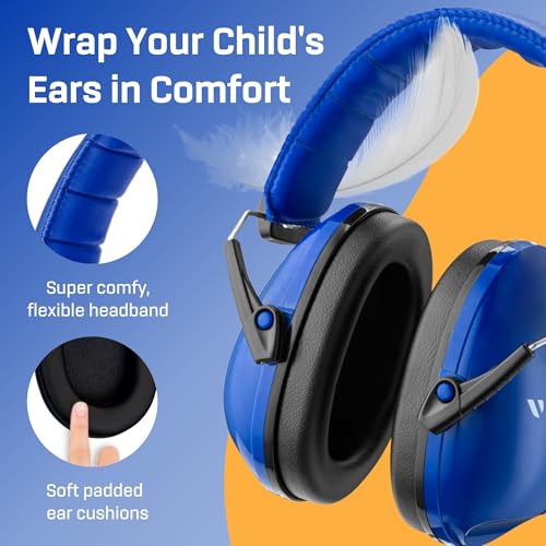 Kids Noise Canceling Headphones - 33 dB (2K Hz) - Ear Protection Earmuffs | Vanderfields' earmuffs protect child's hearing with certified noise-cancellation, soft ear cushions, and adjustable headband - color: Dark Blue