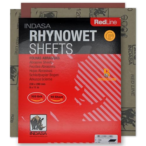 INDASA Rhynowet Red Line Wet Dry Sanding Sheets 9 x 11 Inch 320 Grit Waterproof Latex Backing Abrasive Paper for Wood Metal Automotive Surface Prep Pack of 50 - size: 320-Grit 9"x11"