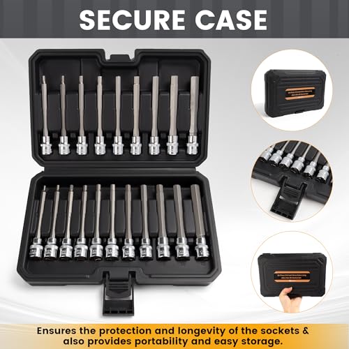Mulwark 20PC 3/8" Drive Extra Long Allen Hex Bit Socket Set - Long Allen Socket Set contain Metric Allen Sockets 3mm - 12mm | SAE Hex Sockets 1/8'' - 7/16'' with Storage Case for Repair and Assembly - size: 20PCS Long Hex Socket Set