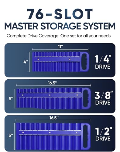 Reniteco 3-Piece Magnetic Socket Organizer Tray, for 1/2'', 3/8 '', 1/4'' Drive Metric/SAE Hold up to 76 Sockets, Heavy-Duty Socket Holder with Handle & Magnetic Base, Sockets Not Included - color: Blue