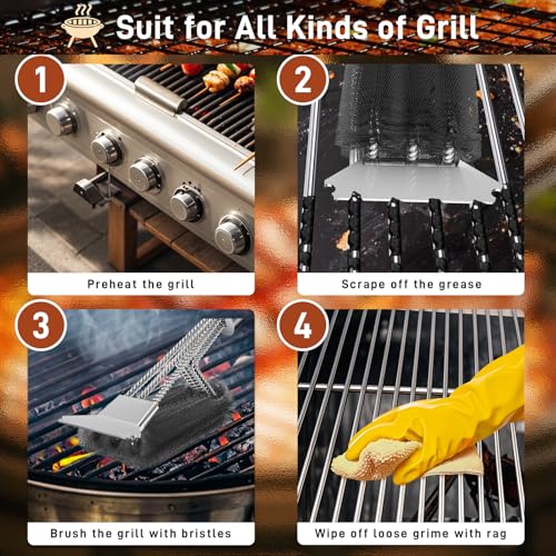 Grill Brush and Scraper-18 Adjustable Handle Safe BBQ Grill Brush for Outdoor Grill-Deep BBQ Clearning Brush wih Bottle Operner Extra Strong Grill Cleaner Accessories for Gas/Charcoal Grilling Grates