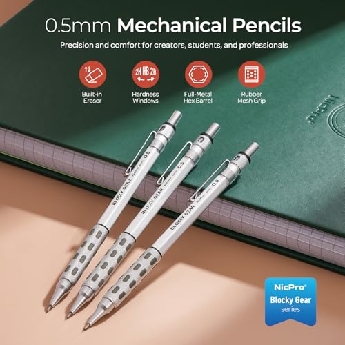Nicpro 3 Pack Blocky Gear 0.5 mm Metal Mechanical Pencils Set with Case - style: 0.5mm