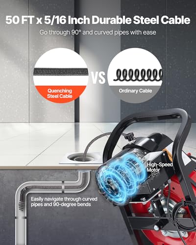 VEVOR Drain Cleaner Machine 50 FT x 5/16 Inch, Auto Feed Sewer Snake Auger with 4 Cutters & Air-Activated Foot Switch for 2" to 4" Pipes - style: 50 FT x 5/16''