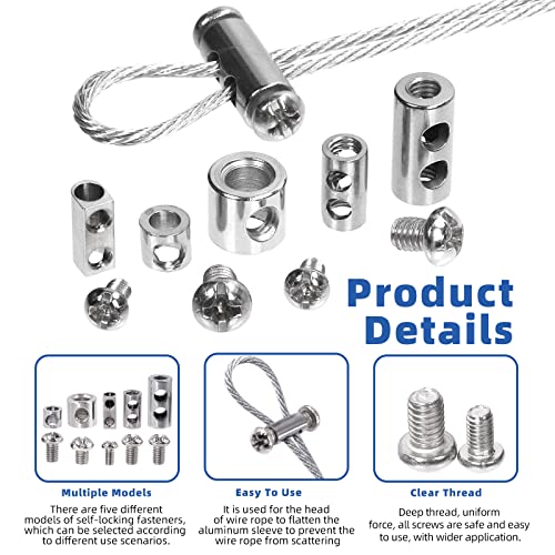 Glarks 121Pcs Stainless Steel Wire Rope Clip Clamp and Aluminum Crimping Loop Sleeve Assortment Kit, Single/Double Hole Wire Rope Lock Clip with End Screw Stopper, Cable Sleeve, Phillips Screwdriver