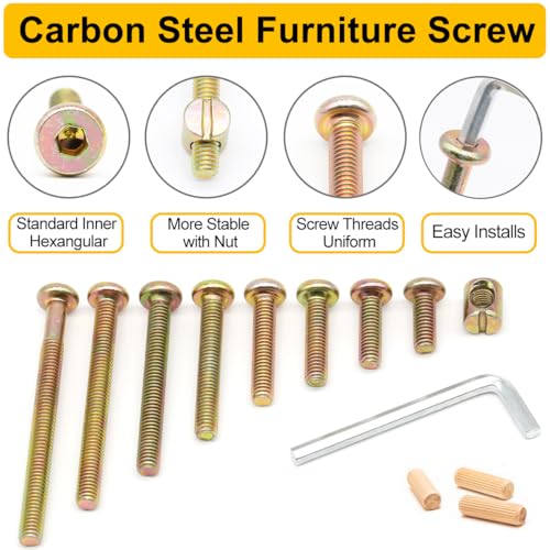 54-Set Crib Screws, Furniture Screws and Nuts Kit, Bed Frame M6 x 16mm/ 20mm/ 25mm/ 30mm/ 40mm/ 50mm/ 60mm/ 70mm/ 80mm Barrel Nut & Wooden Dowel Assortment Kit
