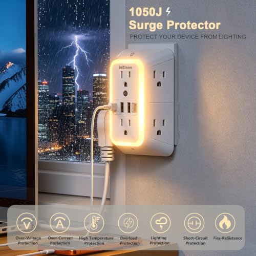 Multi Plug Outlet Surge Protector, 6 Outlet Extender and 4 USB with PD30W USB-C Fast Charging, 3-Sided 1050J Surge Protector Power Strip with Night Light for Home Travel Office-ETL - color: White-30W-1Pcs