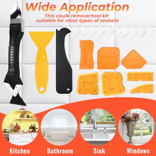 Pickmesh 33 Pcs Silicone Caulking Tool Kit Set 3 in 1 Caulk Remover & Grout Removal Tool with Pads 2 in 1 Razor Blade Scraper with Blades Sealant Finishing Tools for Kitchen Bathroom Sink Window Floor