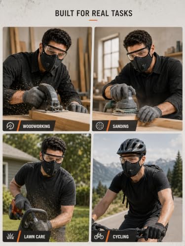 Reusable Carbon Filter Dust Mask with Detachable Goggles, Half Face Windproof Mask with 30 Filters & 2 Valves for Woodworking, Cycling, Mowing, Sanding