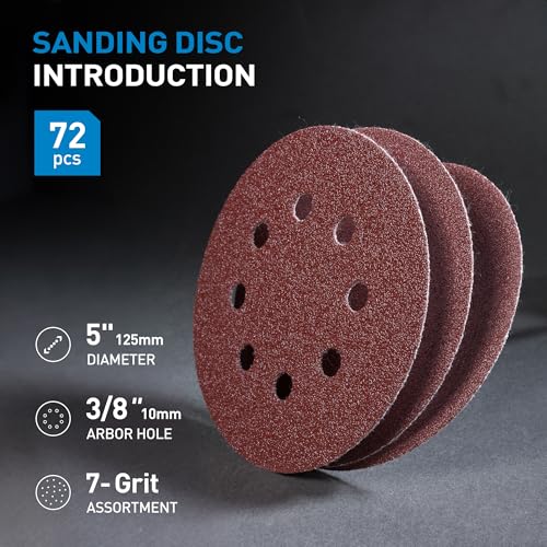 S SATC 72 PCS 5 Inch 8 Hole Hook and Loop Adhesive Sanding Discs Sandpaper for Random Orbital Sander 40 60 80 120 180 240 320 Grits - style: 72PCS 5 Inch Assort Grit