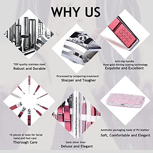 HANTEKAS Manicure Set 10 in 1 Stainless Steel, Nail Clippers Scissors Pedicure Tools Kit - Portable Travel Grooming Kit for Men and Women with Leather Case (Rose Red) - color: Rose Red