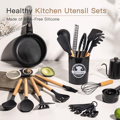 Astercook 39 PCS Kitchen Utensils Set, Silicone Cooking Utensil Sets with Wooden Handle, 446°F Heat Resistant Food Grade Spatula Set, BPA Free Kitchen Gadgets Tools Set & Spoons for Nonstick Cookware - color: Black