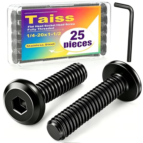 Taiss 25pcs 1/4-20x1-1/2 Flat Head Socket Head Screw,Furniture Bolts,Furniture Screws 304 Stainless Steel,1/4 Bolts Black Zinc Plated Fully Threaded,Countersunk Connector Screws with Hex Spanner - size: 25PCS 1/4-20x1-1/2"