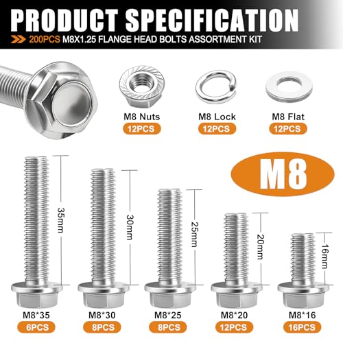 mankk 200PCS Flange Head Bolts Assortment Kit M8x1.25 Bolt (Length 16/20/25/30/35mm) Metric Bolt Stainless Steel Hex Head Bolts and Serrated Flange Nuts Kit Full Thread M8 Bolt - color: Silver-200PCS M8