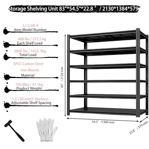 6-Tier Heavy Duty Garage Shelving, 3,600 lbs Capacity Adjustable Metal Storage Shelving Unit for Garage, Basement, Warehouse and Workshop, 54.5" W x 22.8" D x 83" H - size: 6T 55"W x 23"D x 83"H