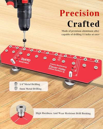 TANYO 11-Hole Shelf Pin Jig, 1/4" & 5mm Drill Bits, Cabinet Hardware - color: Scarlet, size: 11 Hole