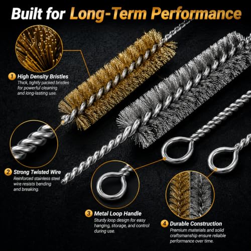 14PCS Tube Cleaning Brush Set, 7 Brass & 7 Stainless Steel Wire Brushes, 12-Inch Long Pipe Cleaner Kit, 7 Sizes Round Bore Brushes for Fuel Lines, Auto and Engine Parts