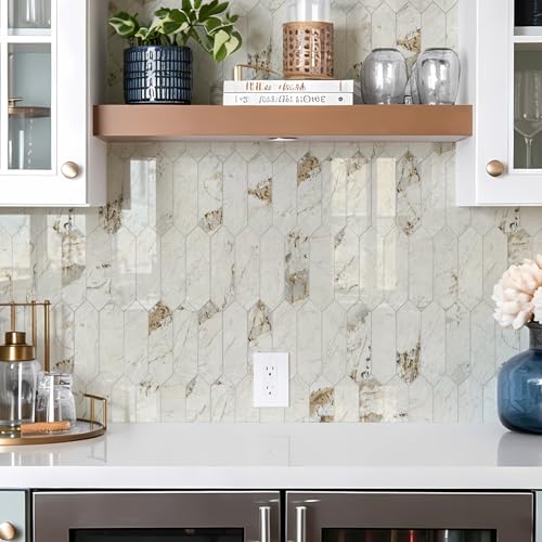 Vamos Tile Glossy Pandora Marble with Gold Veining Backsplash Tile Peel and Stick, 12.8 x 12.8 Inch 10 Sheets Long Hexagon PVC Self Adhesive Mosaic Tiles Stick on Backsplash for Kitchen and Bathroom - color: Glossy Pandora Marble with Gold Veining