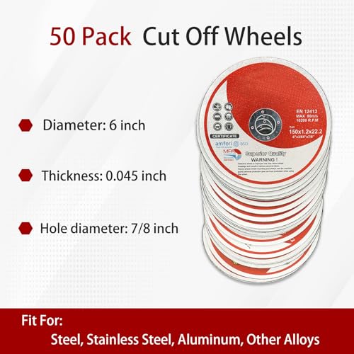 Cut Off Wheels 50 Pack 6 x .045 x 7/8 Inch Metal and Stainless Steel Cutting Discs for Angle Grinders - size: 50pcs 6"*0.045"*7/8"