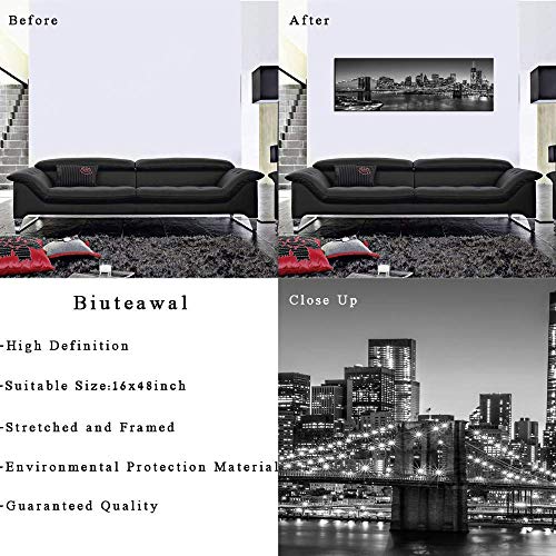 Biuteawal - Black and White Brooklyn Bridge Canvas Wall Art New York City Picture Print Manhattan Night Skyline Painting on Canvas Modern Home Office Wall Decoration Ready to Hang