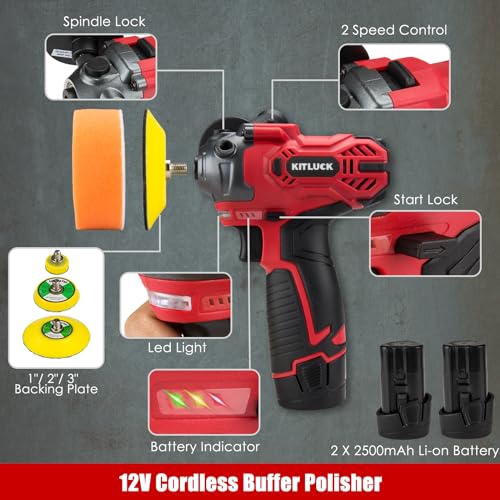 Cordless Buffer Polisher, 12V Mini Wax Buffer & Sander with 2 X 2.5Ah Battery & Charger, 1/2/3" Backing Plate, 40pcs Polishing Pads, Variable Speed for Car Detailing/Buffing/Sanding/Waxing
