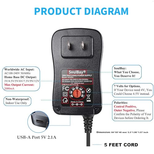 SoulBay 12V Power Supply Universal AC DC Adapter Charger with Adjustable Output 5V 9V 3V 6V 4.5V 7.5V 12 Volt 1A 1.5A 2A for LED Strip Light CCTV Camera BT Speaker GPS Webcam Router, 5 FT Cord, 30W