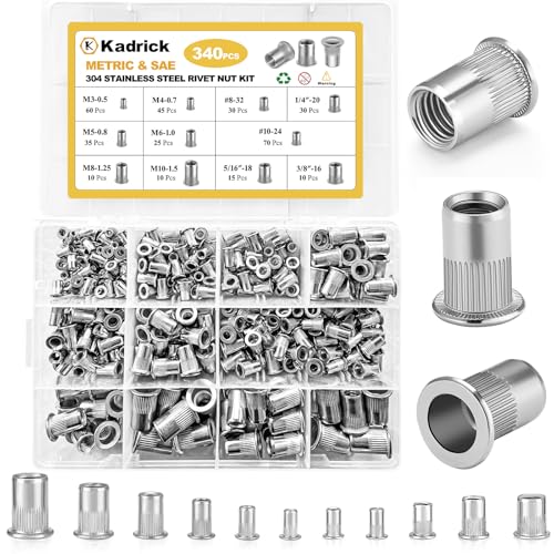 KADRICK 340pcs SAE & Metric Rivet Nut Kit,304 Stainless Steel Flat Head - size: SS Metric & SAE Kit 340Pcs