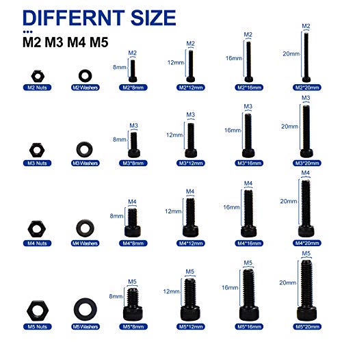 NINDEJIN M2 M3 M4 M5 Hex Socket Head Cap Screw Bolts Nuts and Washer Assortment Kit, 1060PCS Black Machine Screws Set, 12.9 Carbon Steel Small Metric Screws with 4PCS Allen Wrenches - size: M2 M3 M4 M5 1060