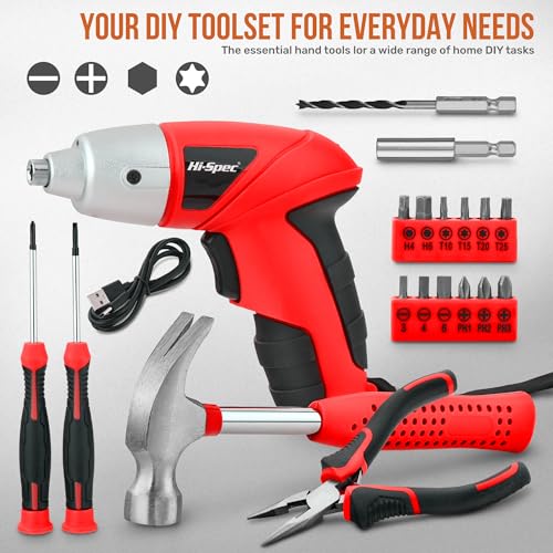 Hi-Spec 3.6V USB Small Power Screwdriver & Home DIY Tool Kit with Case, Red - color: Light Red