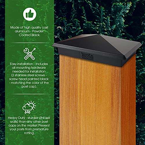 4x6 Aluminum Pyramid Post Cap for True 4x6 Wood Posts — Heavy-Duty Cast, Rounded Safety Corners, Stainless Screws, Powder-Coated Black Deck & Fence Cap - size: 4" x 6"
