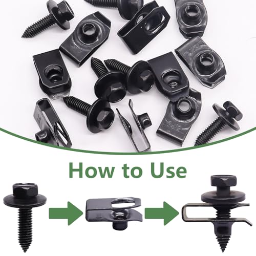 30Pcs Automotive Body Bolt & U-Nut Clips Kit, Multipurpose Fender Bolts Body Fastener Clips for Most Cars Bumper Engine Splash Shield - color: Black-1/4Inch