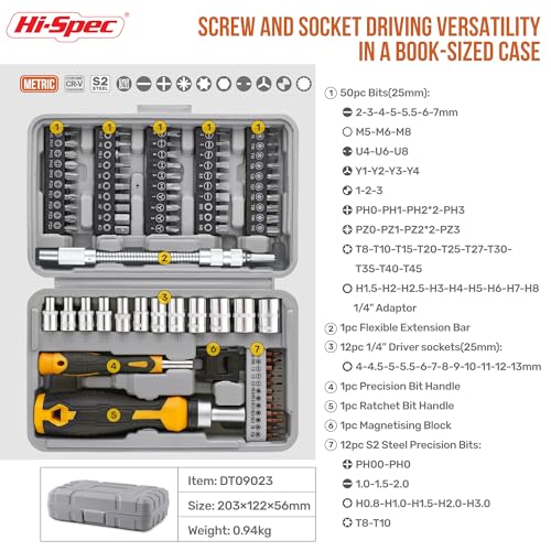 Hi-Spec Multi Screwdriver Bit Set and 1/4 Inch Socket Set with Handles | 78pc, faster bit changes, labeled storage, cleaner drilling and driving, portable case, workshop-ready layout, quick setup - size: 78pc