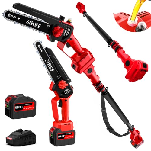 Electric Pole Saw 6“ Mini Chainsaw Cordless Brushless 6.0Ah Batteries Fast Charger Telescopic Power Pole Saw Tree Trimmer Limb Branch Cutter Pruner 16 Ft Max Reach Multi-Angle Red - color: Red-1 Battery