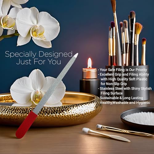 Professional Sapphire Ruby Red Nail File for Seniors & Adults – 6.7" Stainless Steel, Double-Sided Metal File, Ergonomic Non-Slip Handle, for Natural, Gel, Acrylic Nails, Manicure & Pedicure Tool
